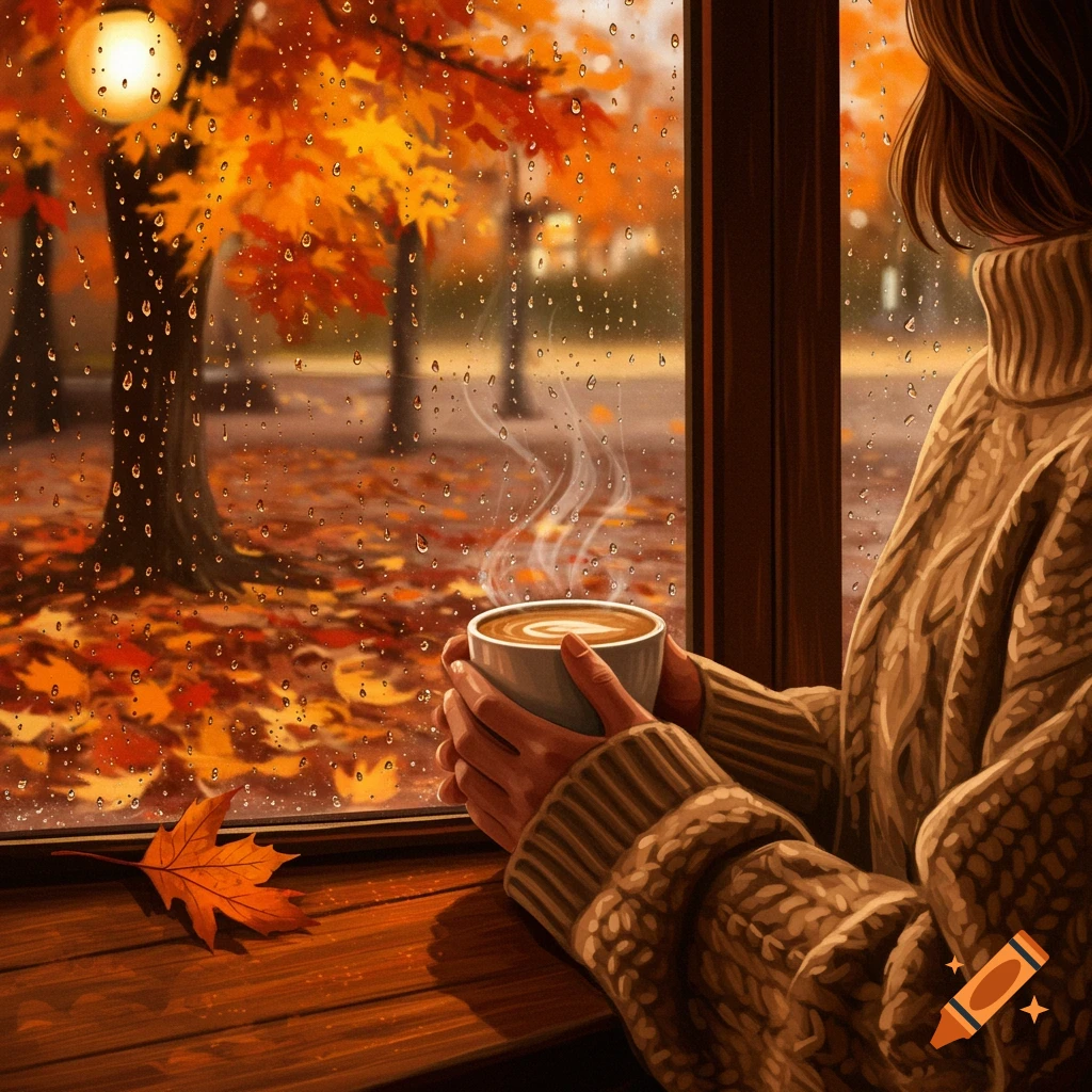 A person in a brown sweater holds a coffee cup, looking out a window at a rainy autumn scene with colorful leaves.