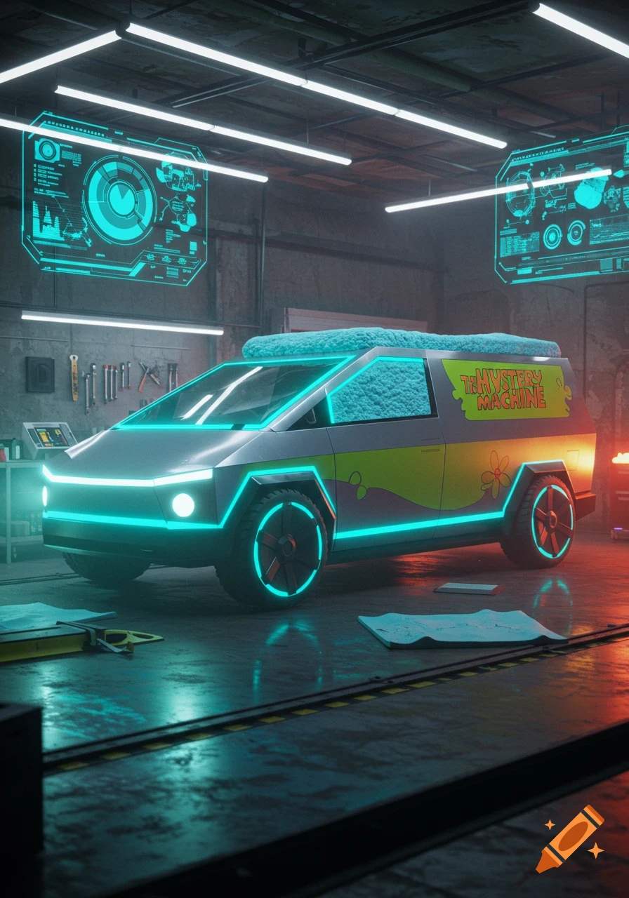 A futuristic Tesla Cybertruck-style Mystery Machine van with bright cyan neon lights and fuzzy blue roof pads, parked in a dark, high-tech garage with glowing holographic displays.