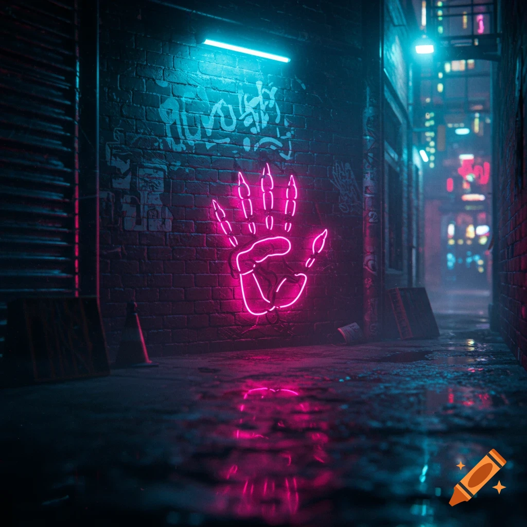 A glowing neon pink clawed handprint on a wet, graffiti-covered brick wall in a dark cyberpunk alley with blue and pink city lights.