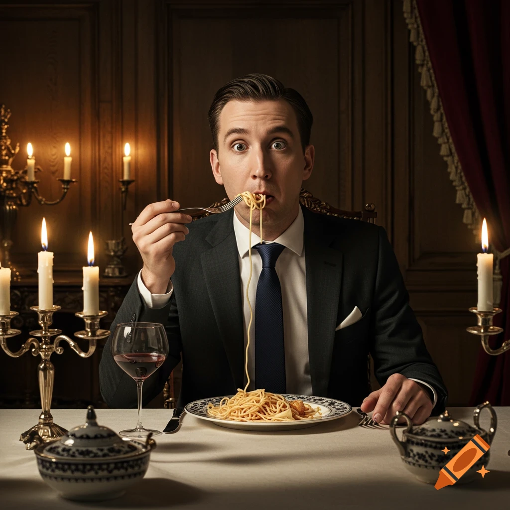 Photorealistic image of a man in a suit with a surprised expression, eating spaghetti at a formal candlelit dinner.