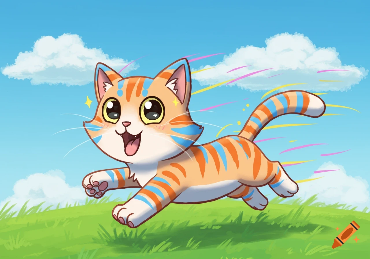 A cheerful orange and blue striped cartoon cat with big eyes runs through a green field under a blue sky, leaving colorful streaks behind.