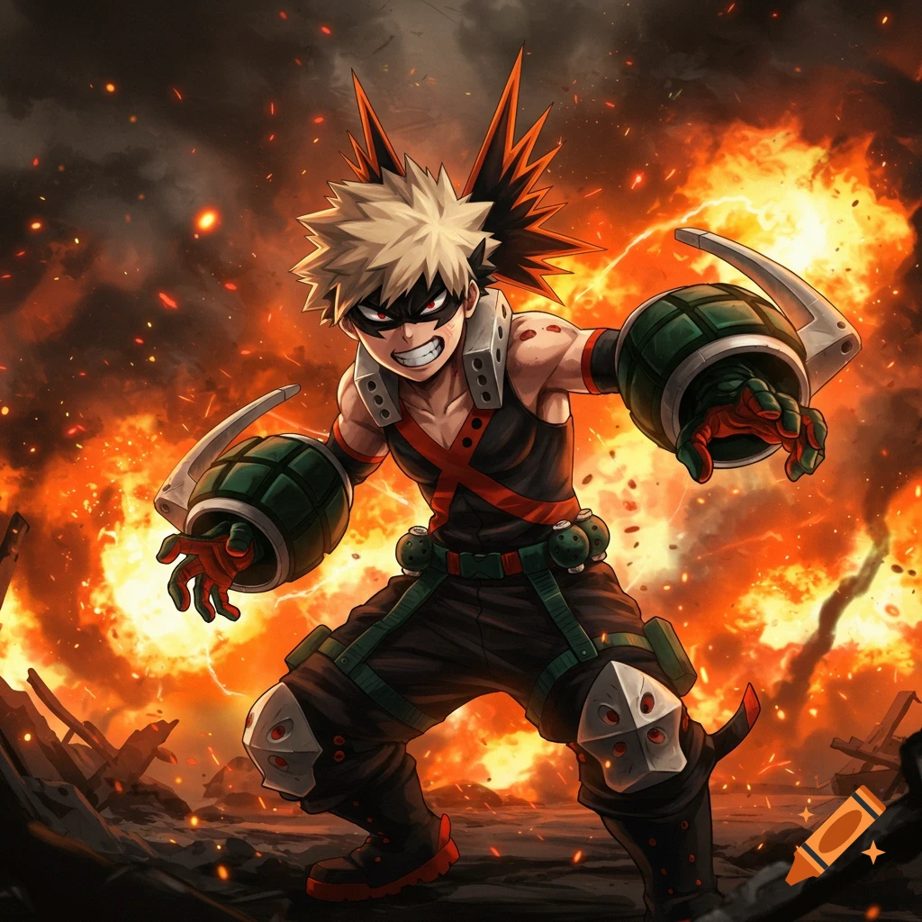 Dynamic anime art of Katsuki Bakugo with spiky blonde hair, black mask, and grenade gauntlets, amidst fiery explosions.
