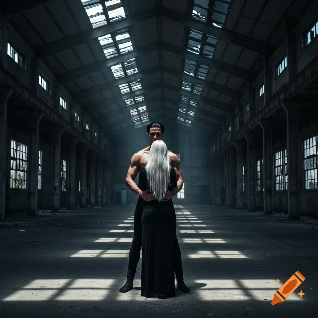A muscular man embraces a woman with long white hair from behind in a vast, dark, abandoned warehouse with skylights.