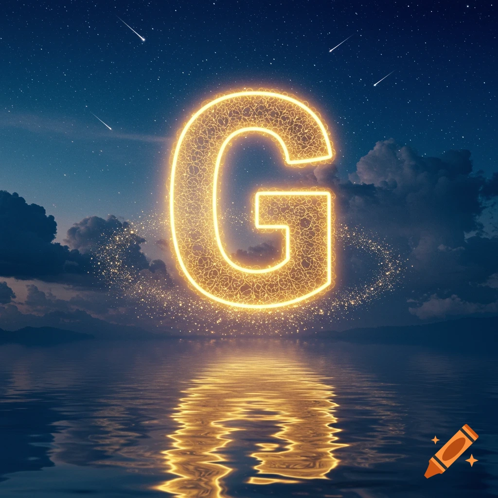 A giant glowing golden letter G with an intricate pattern floats above water, reflecting its light under a starry night sky with clouds and shooting stars.