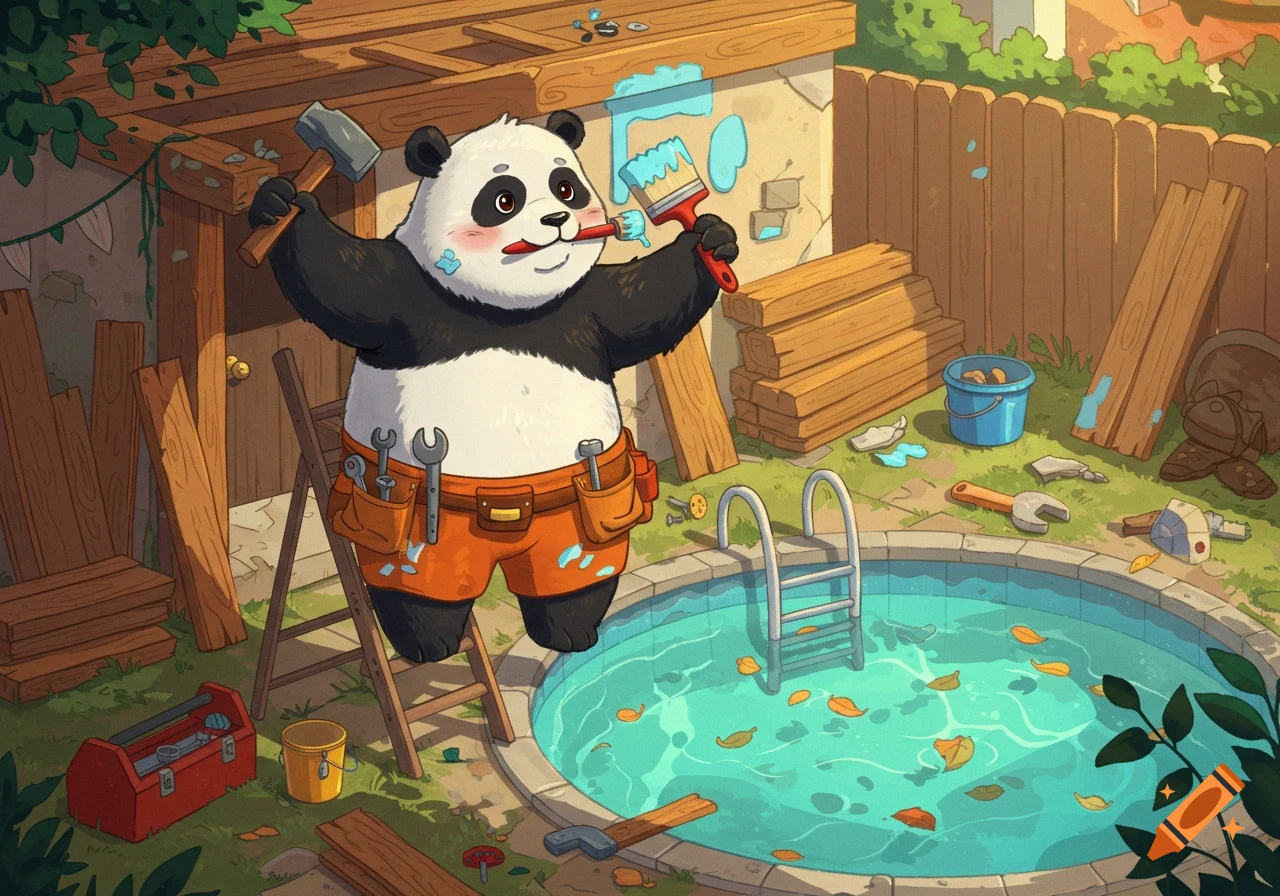 A cute cartoon panda with a tool belt holds a hammer and paintbrush while doing repairs in a messy backyard with a swimming pool and wood planks.