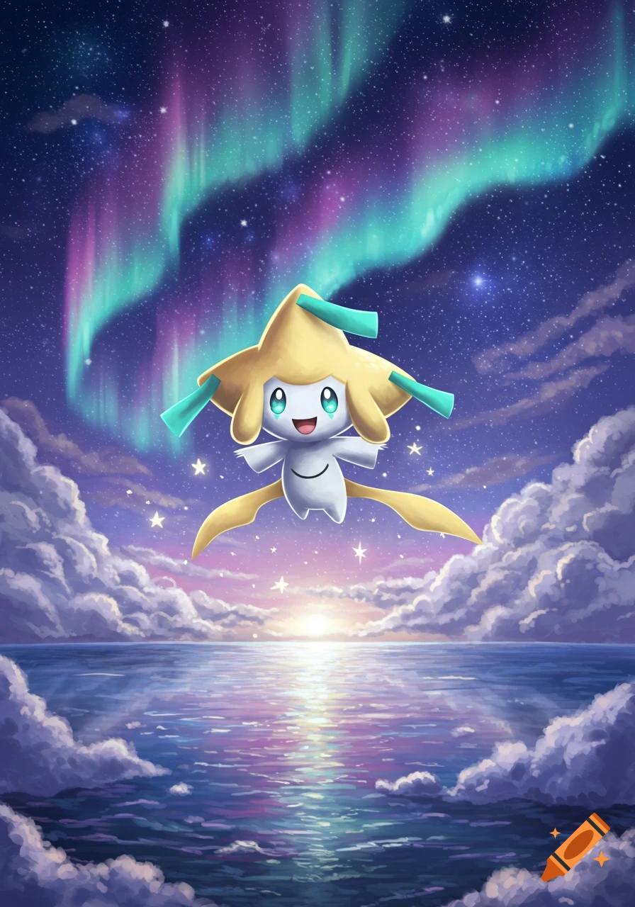 Jirachi from Pokemon flying over a calm ocean under a vibrant aurora borealis and starry sky.