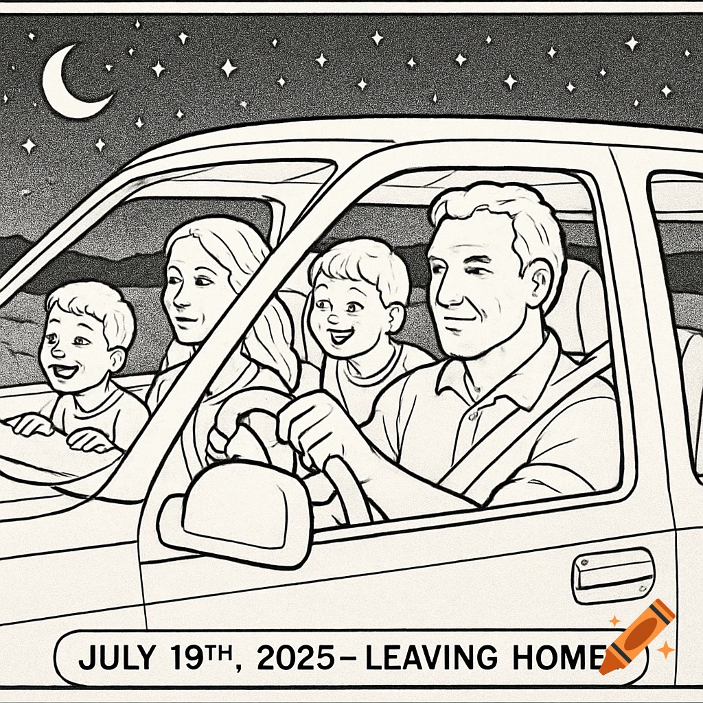 Coloring book style illustration of a family in a car at night with stars and a moon, and the caption 'July 19th, 2025 - Leaving Home!'