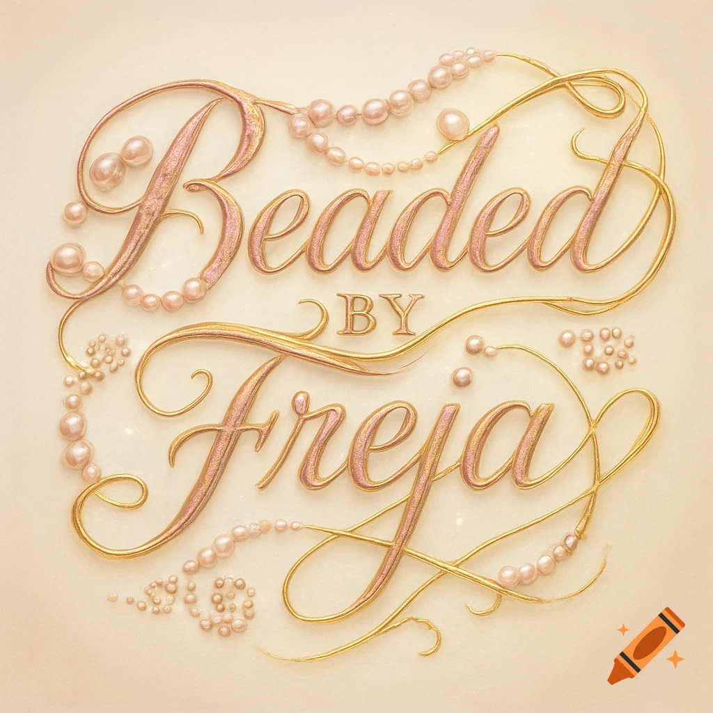Pink and gold beaded text logo reading 'Beaded by Freja' with pearl embellishments.