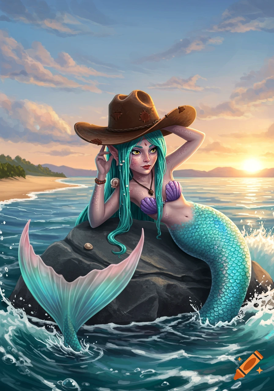 A whimsical illustration of a mermaid with teal hair and a cowboy hat, resting on a rock in the ocean at sunset.