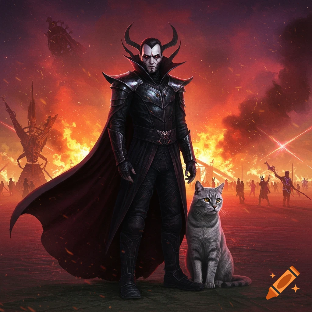 A horned villain in dark armor stands next to a gray cat against a fiery, apocalyptic sky with distant figures.