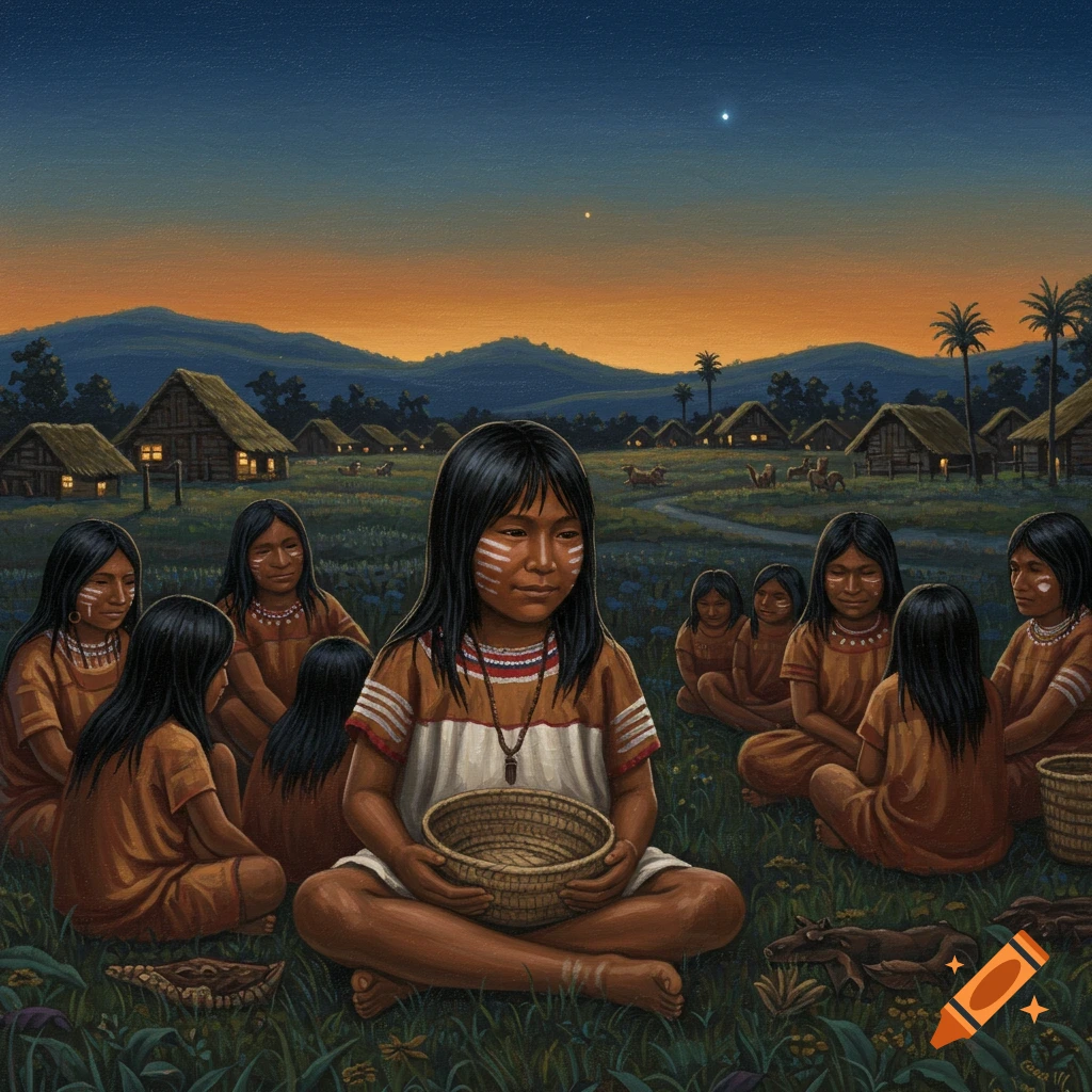 Traditional painting of Indigenous women and girls gathered in a village at twilight.