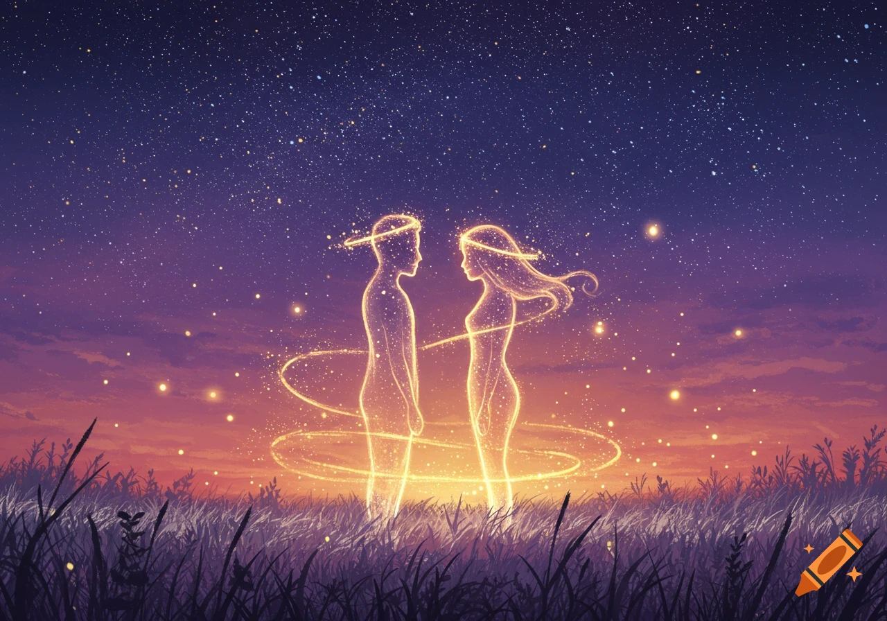 Two glowing ethereal figures stand in a field under a starry night sky, bathed in shimmering light.