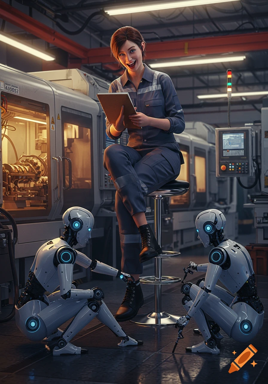 A smiling female factory worker sits on a stool in a futuristic factory, holding a notebook, while two sleek white robots inspect her feet.