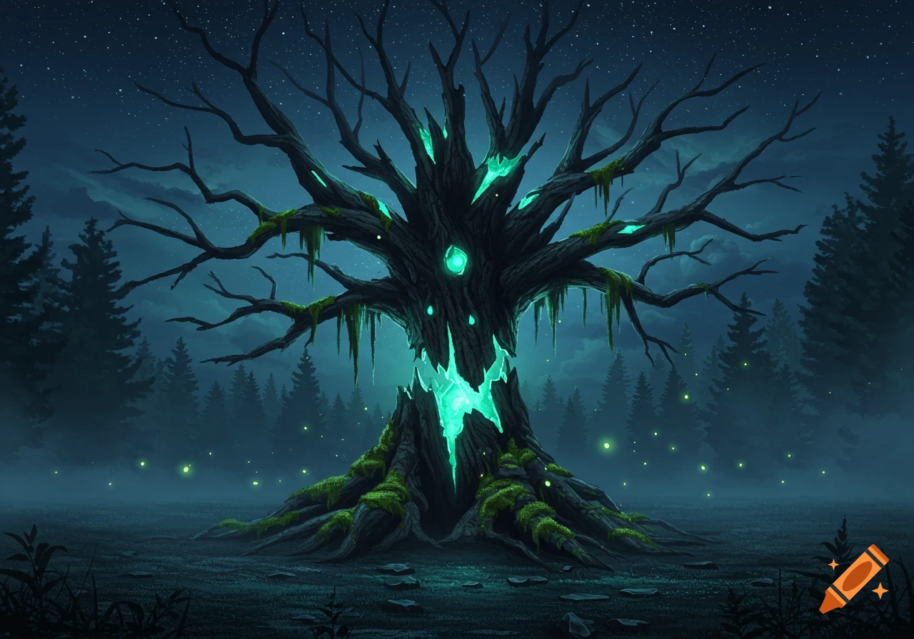 A gnarled, dark tree with glowing green cracks and moss, standing in a moonlit forest with small glowing lights and stars in the sky.