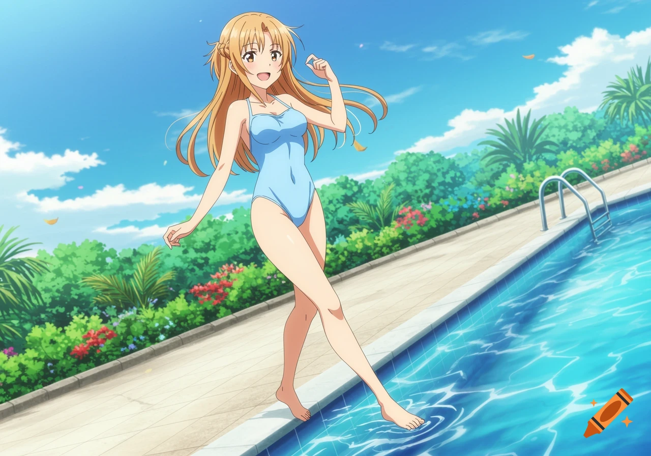 An anime girl with long blonde hair in a light blue one-piece swimsuit stands at the edge of a bright blue swimming pool.