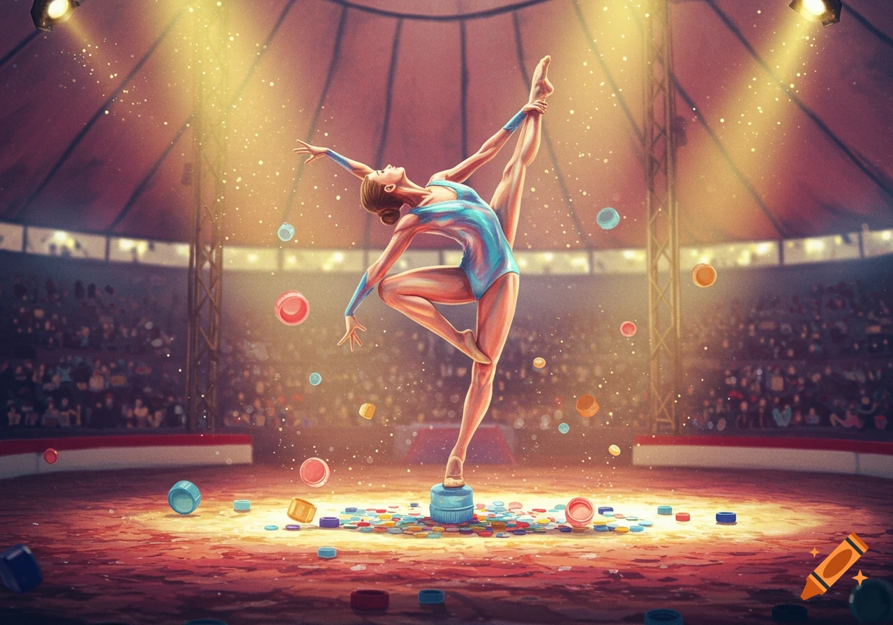 A female gymnast performs a graceful pose on a large blue plastic bottle cap in a colorful circus tent, surrounded by scattered bottle caps and twinkling lights.