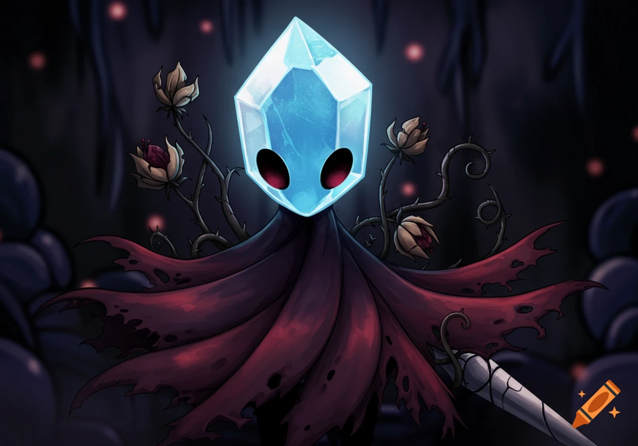 A character with a glowing blue crystal head, red eyes, and a tattered dark red cloak stands amidst thorny vines and wilting flowers in a dark, stylized setting, reminiscent of Hollow Knight art.