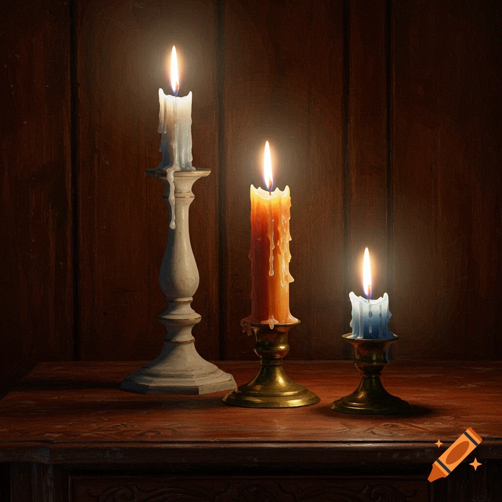 Three lit candles of different sizes on a dark wooden table in a dimly lit room, photorealistic.