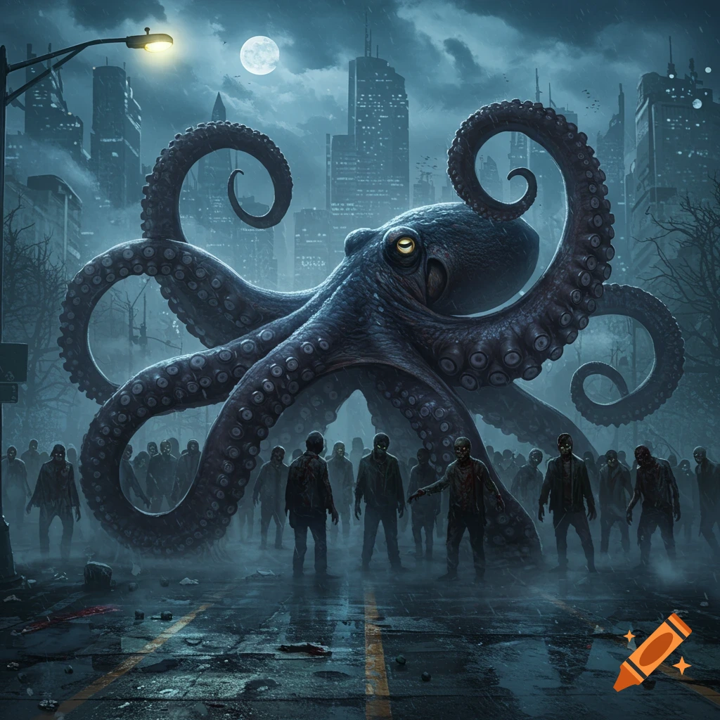 A giant octopus looms over a horde of zombies on a foggy city street at night under a full moon.