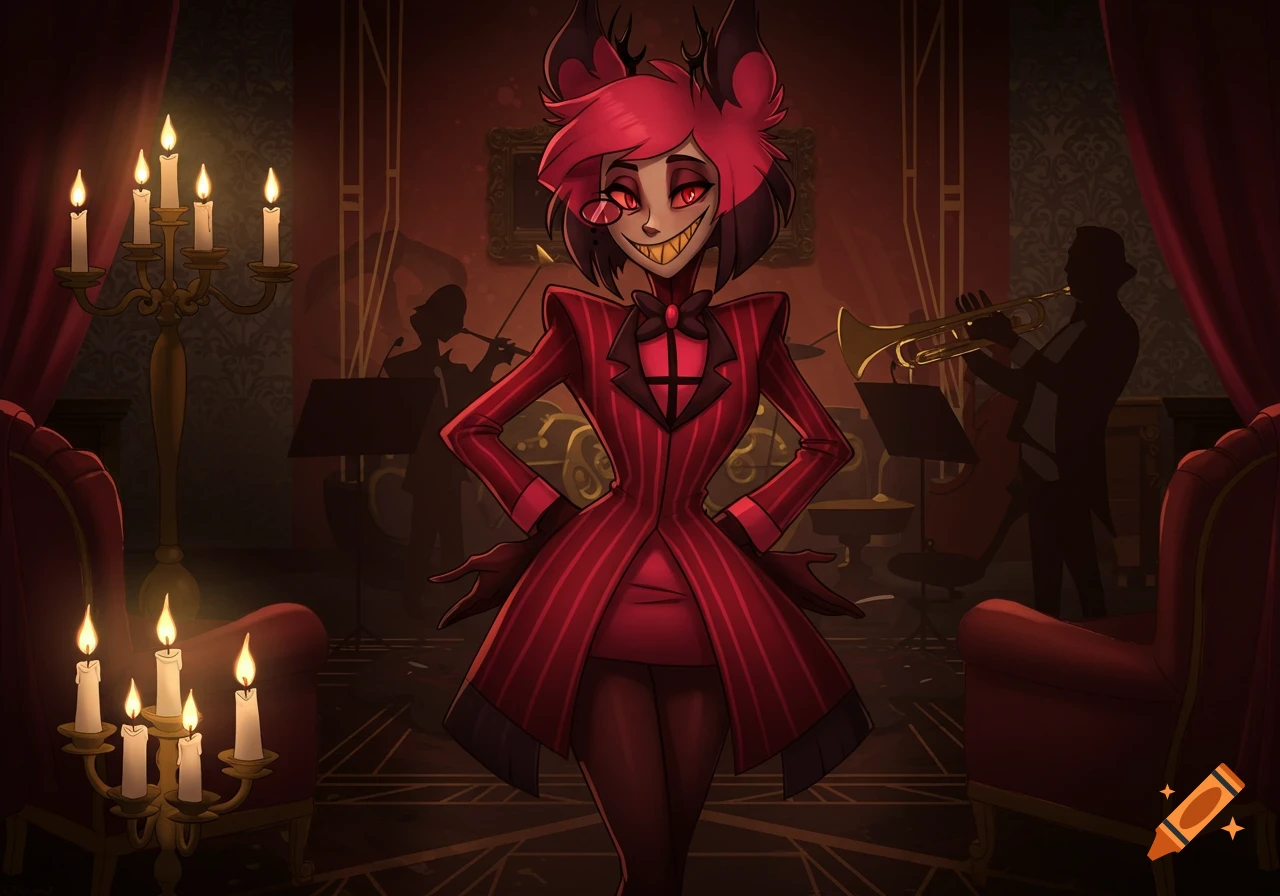 An animated character with red fur, demon ears, and a wide grin, wearing a red pinstriped suit in a dimly lit room with musicians.