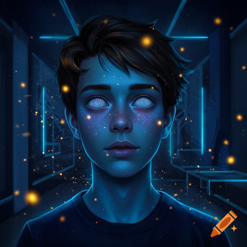 A stylized portrait of a young man with glowing blue skin, hypnotic swirl eyes, and sparkling particles, against a futuristic blue-lit corridor.