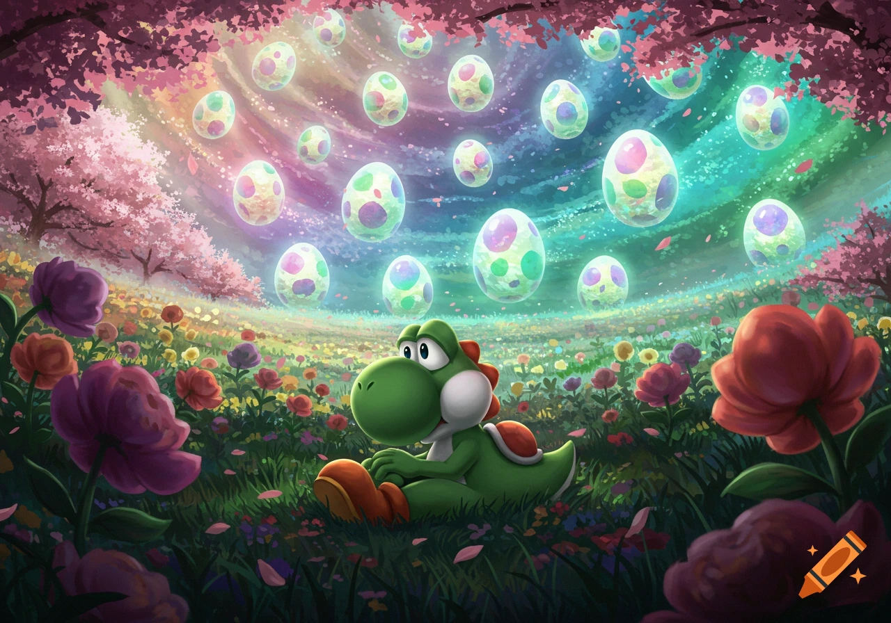 Yoshi sits in a vibrant flower field beneath a cherry blossom tree, surrounded by glowing, spotted eggs floating in a colorful, magical sky.