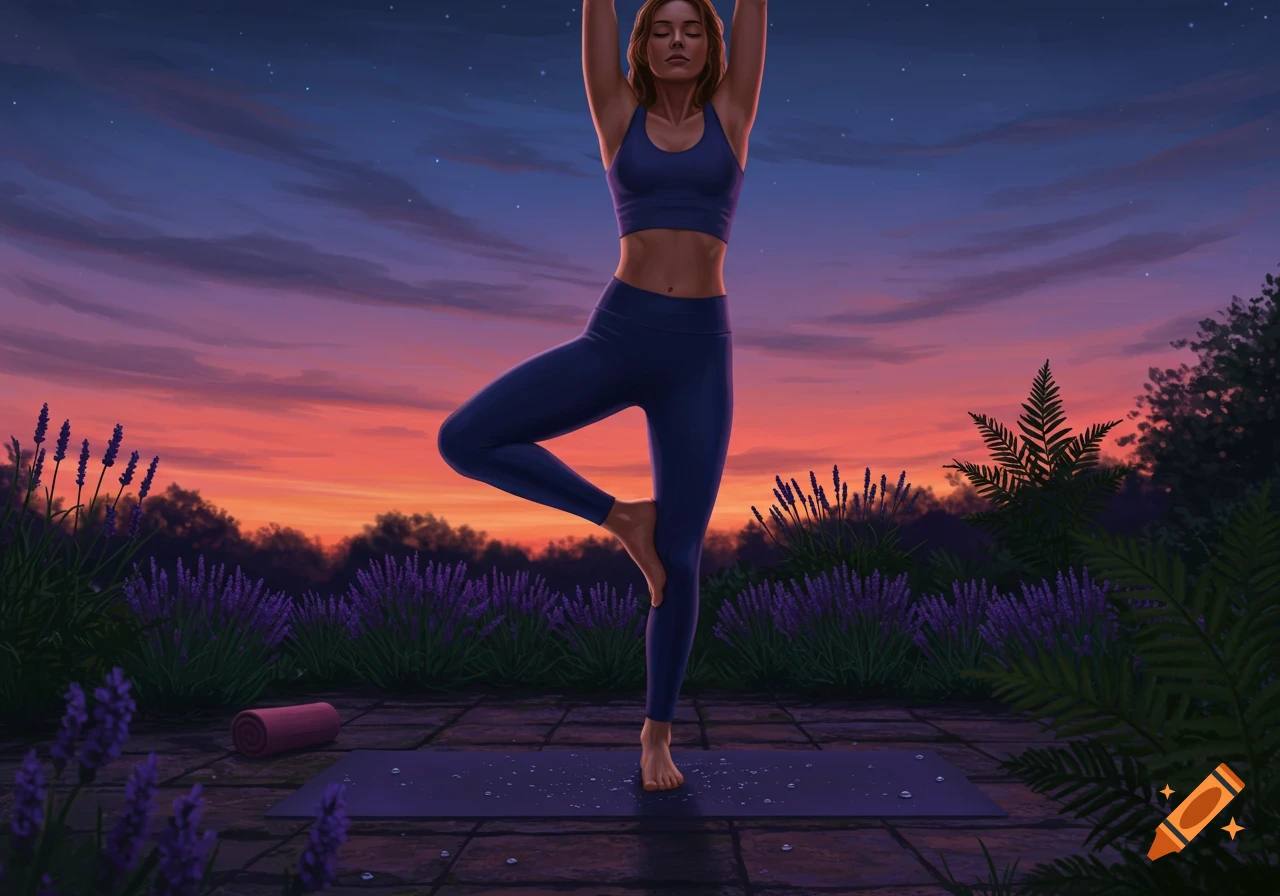 A woman in a blue yoga outfit practices a tree pose on a mat outdoors amidst lavender flowers at sunset.