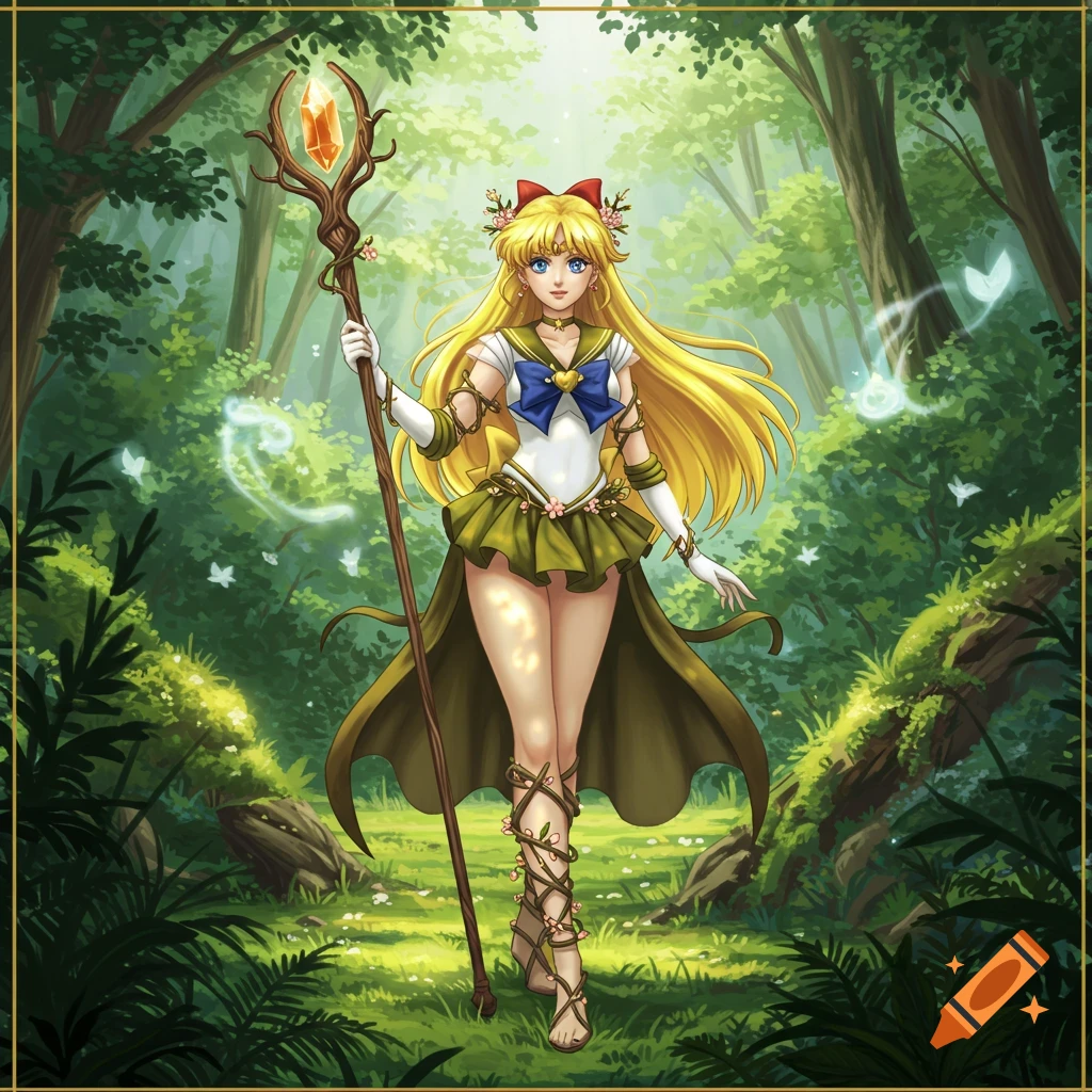 A blonde anime girl dressed as a druid, holding a staff in a lush, sunny forest.