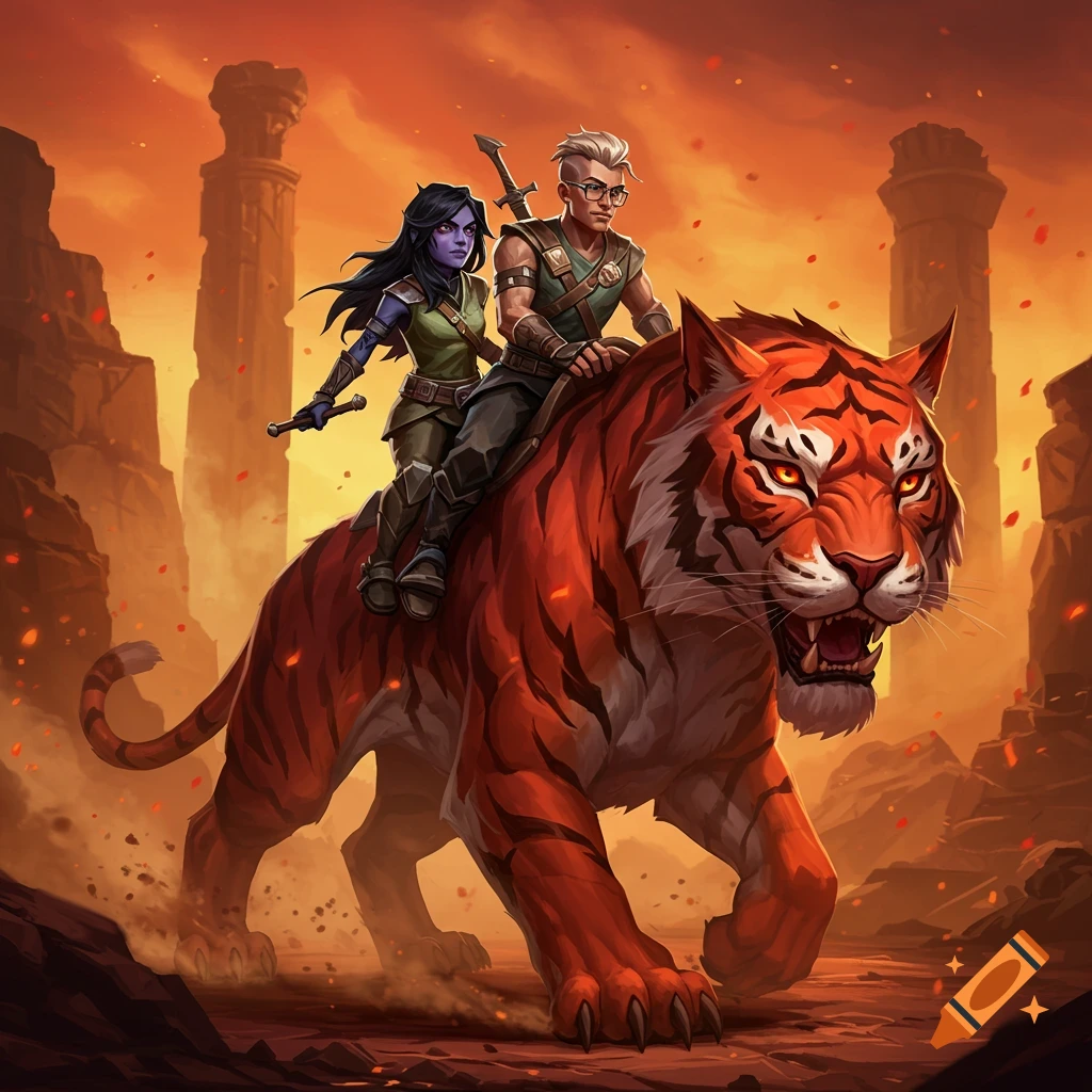 A purple-skinned woman and a man with glasses ride a large, fierce red tiger through a fiery, apocalyptic landscape with ruined structures in the background, in a stylized art style.