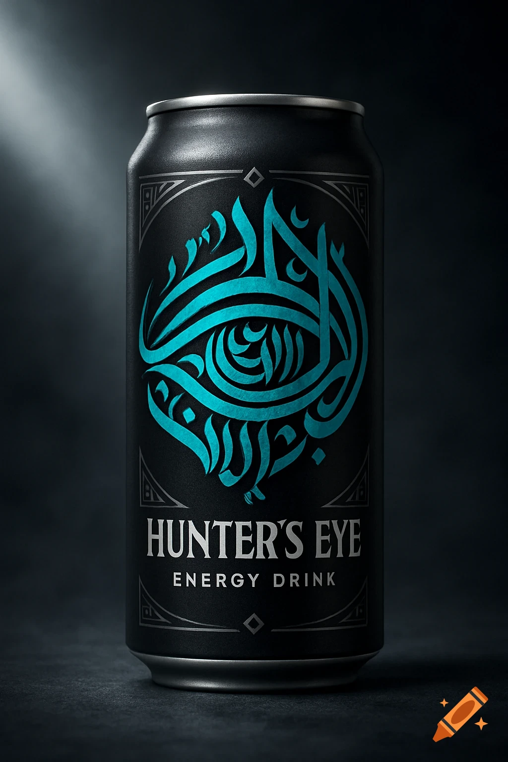 A sleek black energy drink can featuring a vibrant teal Arabic-style calligraphy eye design and the text "HUNTER'S EYE ENERGY DRINK" in silver.
