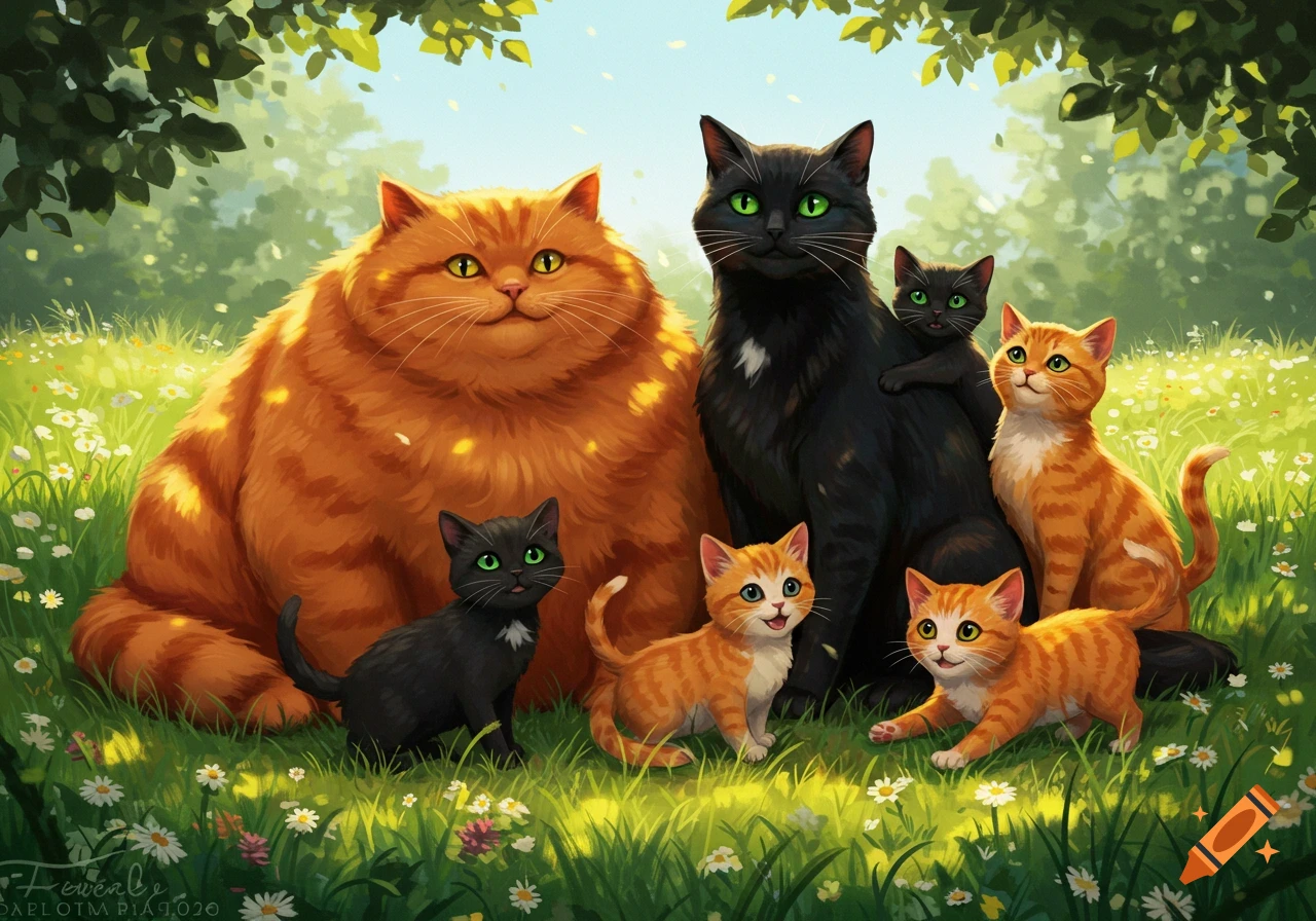 A family of seven cartoonish cats sit in a sunny green field with white flowers. Two adult cats, one orange and one black, are surrounded by five kittens.