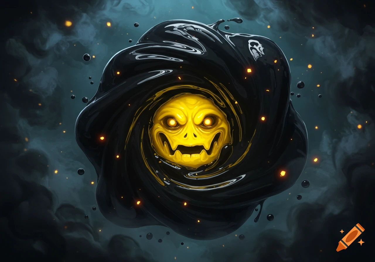 A yellow grimacing face with glowing eyes surrounded by swirling black goo against a dark, smoky background with glowing orange particles.