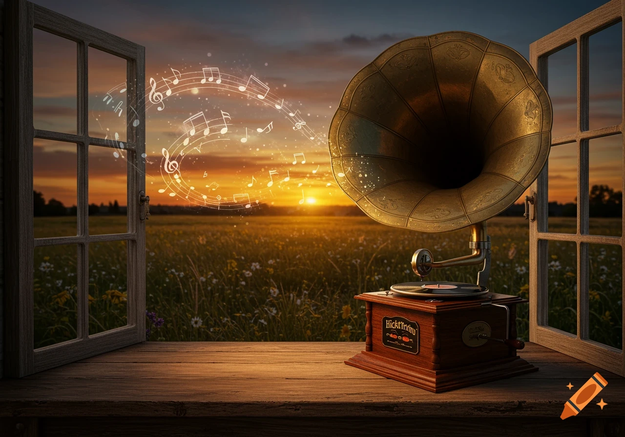 A vintage gramophone on a wooden window sill, with glowing musical notes floating out into a golden field at sunset.