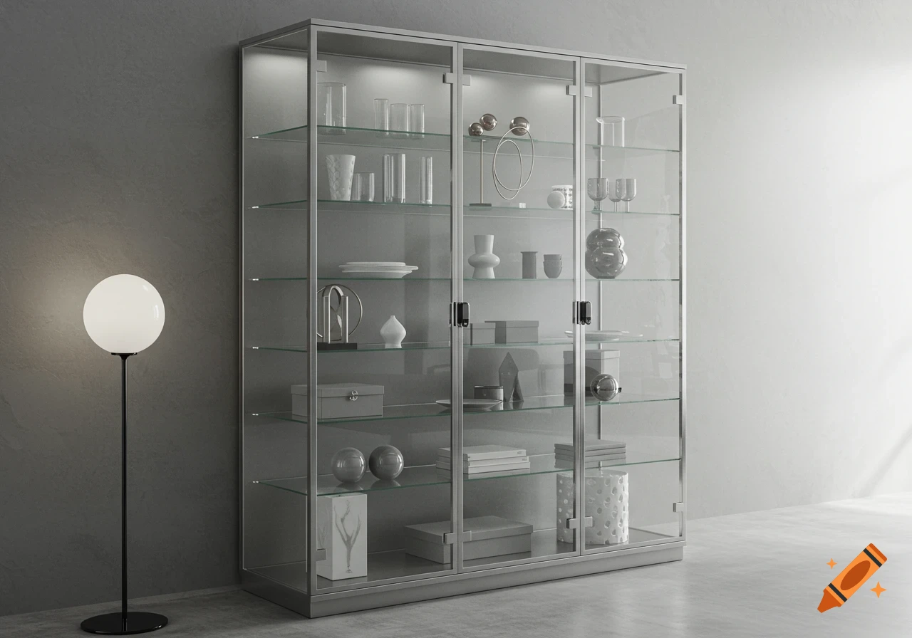 A sleek silver-framed glass display cabinet filled with decorative items next to a white globe floor lamp in a minimalist grey room.