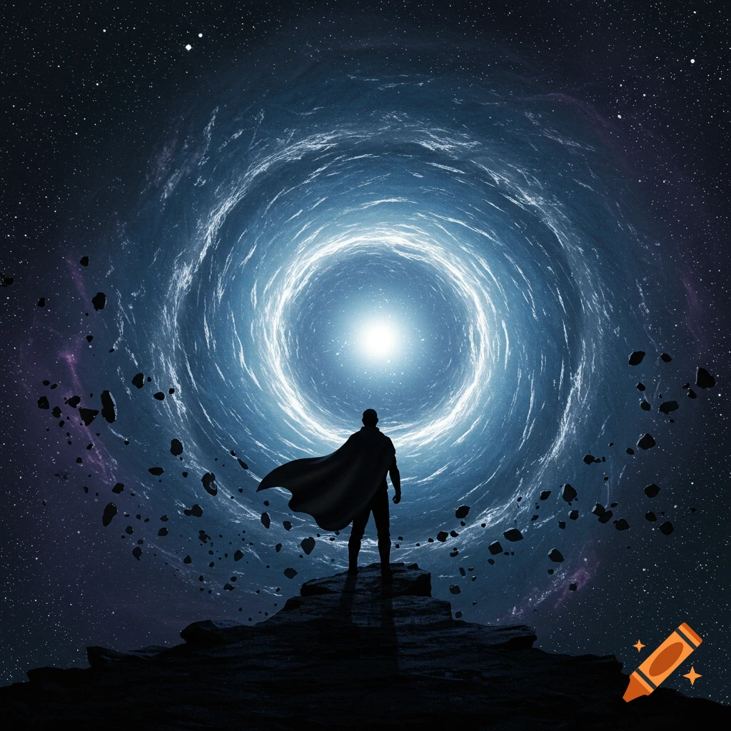 Silhouette of a person with a cape standing on a rocky outcrop, gazing at a bright, swirling blue and white vortex in a starry space.