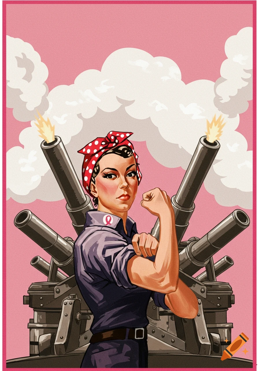 Retro illustration of Rosie the Riveter flexing arm with breast cancer ribbon, against smoking cannons and pink sky.
