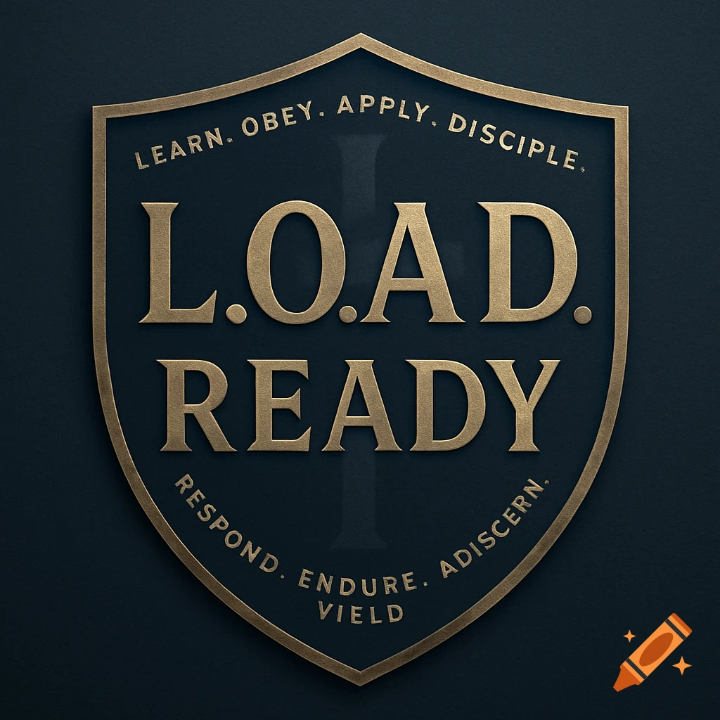 A gold embossed shield logo on a dark background. The shield features "L.O.A.D." at the top and "READY" at the bottom, with "LEARN. OBEY. APPLY. DISCIPLE." curved along the top edge and "RESPOND. ENDURE. YIELD." along the bottom edge. A subtle 'I' is in the background.