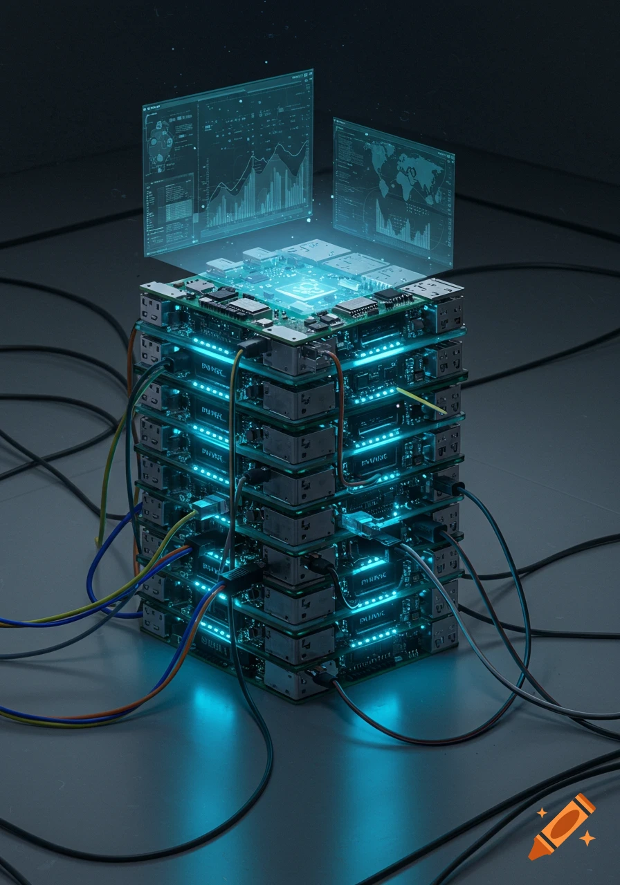 A glowing blue server cluster made of stacked circuit boards with colorful wires, topped by holographic data displays.