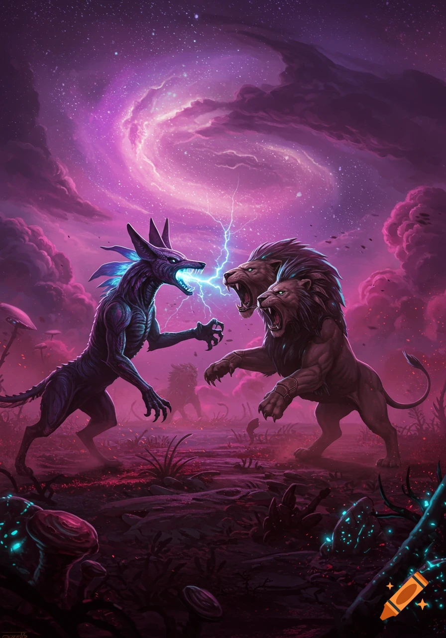 A two-headed alien jackal and a two-headed lion battle with lightning on a glowing, purple alien planet under a cosmic sky.