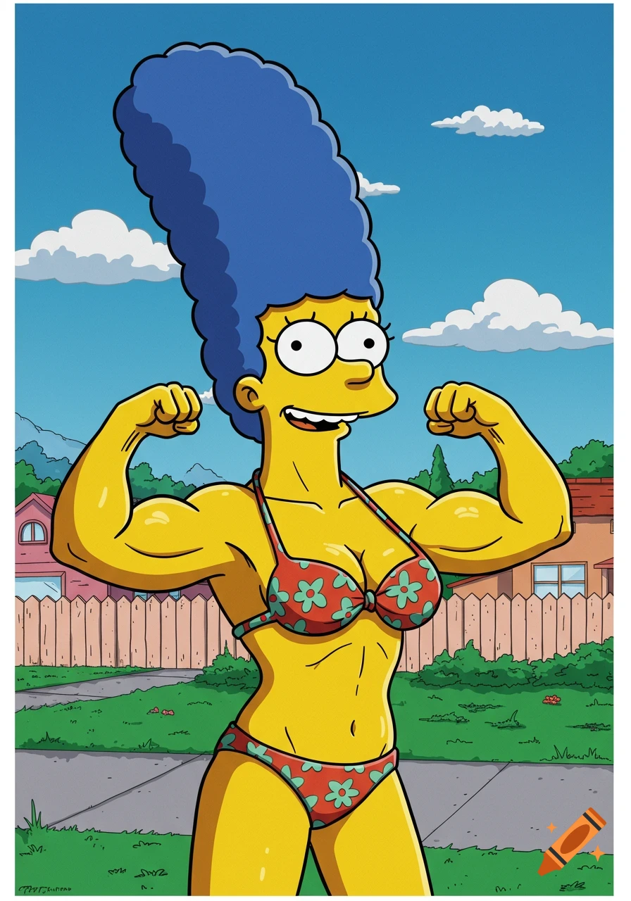 Marge Simpson from The Simpsons flexing her muscular arms while wearing a floral bikini in a cartoon style.