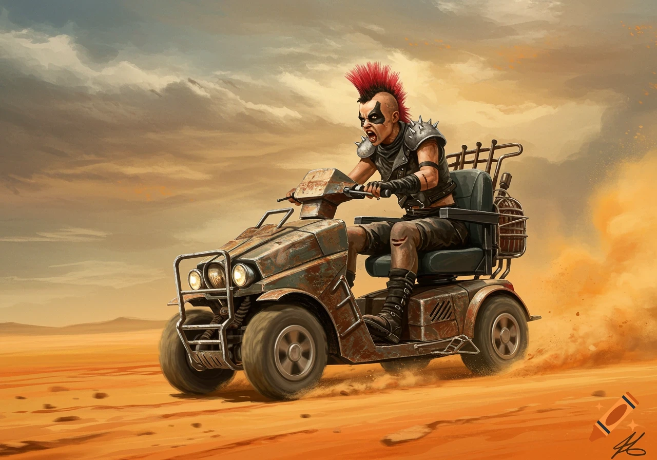 A punk-rock 'Mad Max' style character with a red mohawk drives a rusty mobility scooter through a desolate desert.
