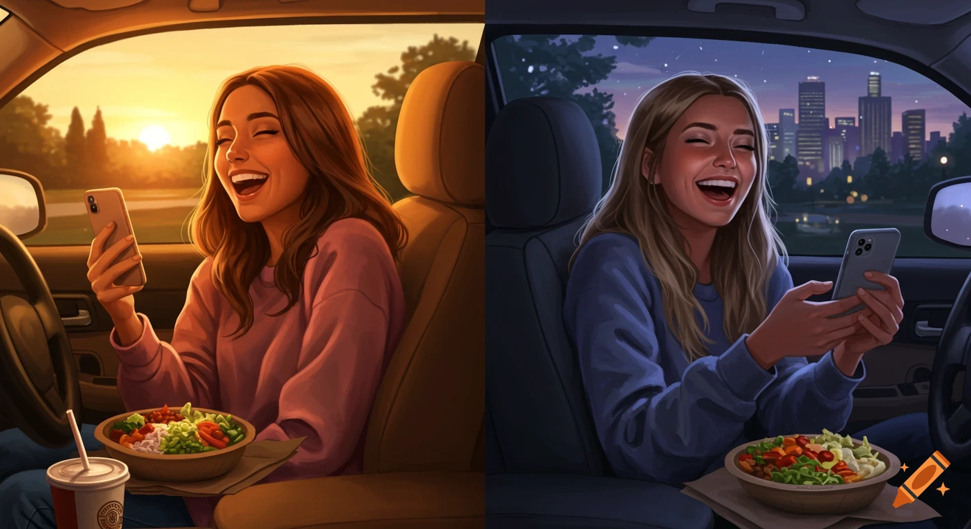 Two smiling women in separate cars, one during the day and one at night, happily looking at their phones while eating salad bowls.