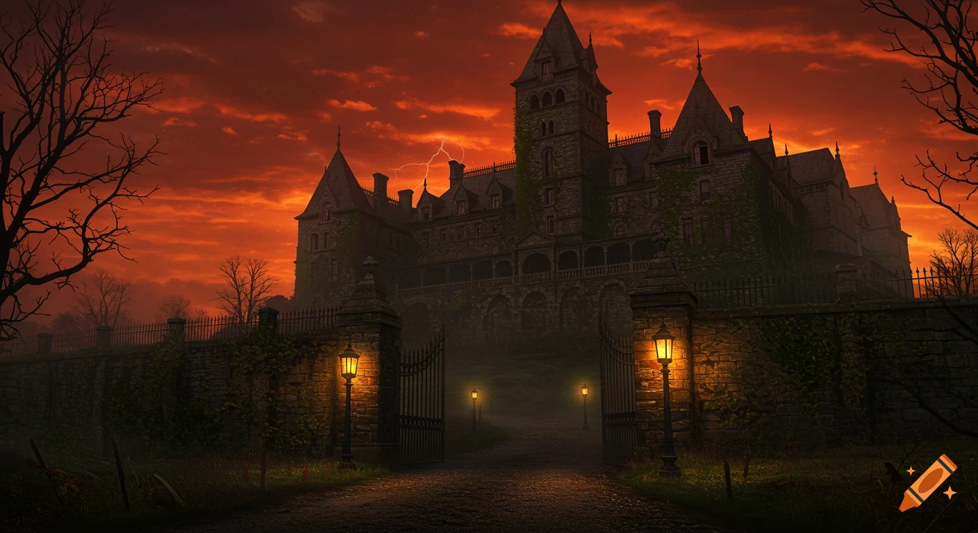 A sprawling Victorian Gothic asylum against a blood-red sunset with mist and lightning.