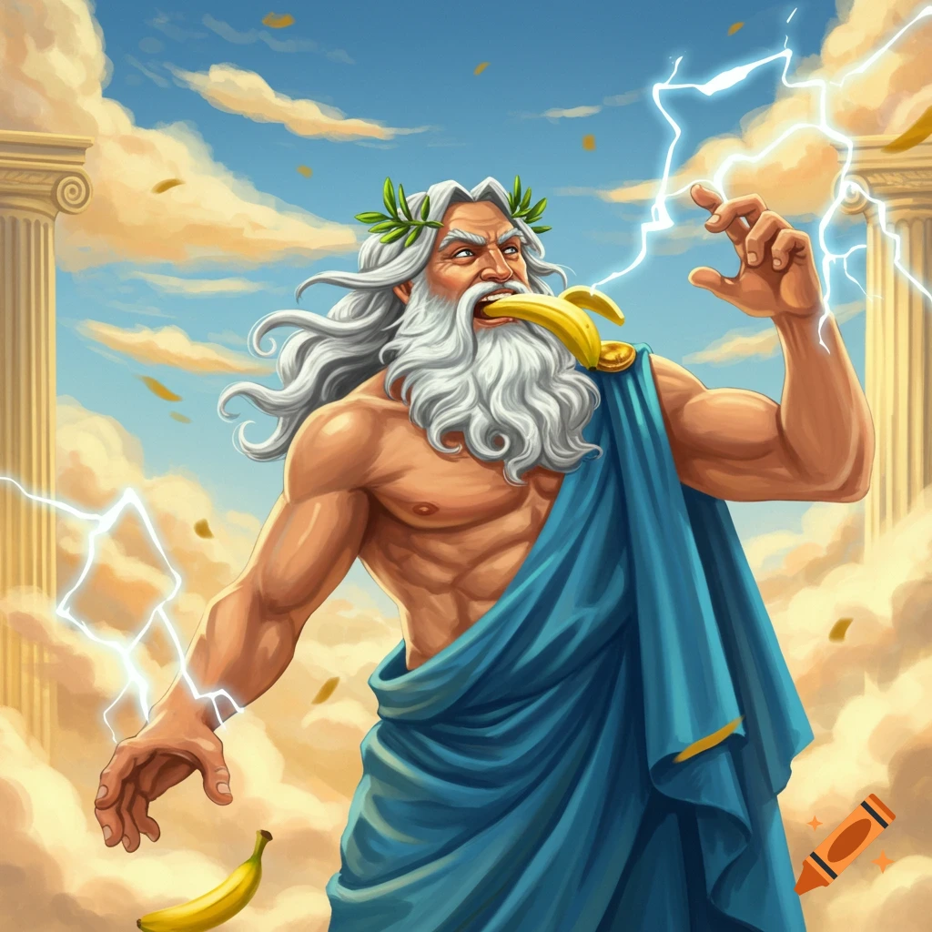 A muscular, bearded Zeus with a laurel crown bites into a banana, holding another as lightning flashes around him in a cloudy sky.