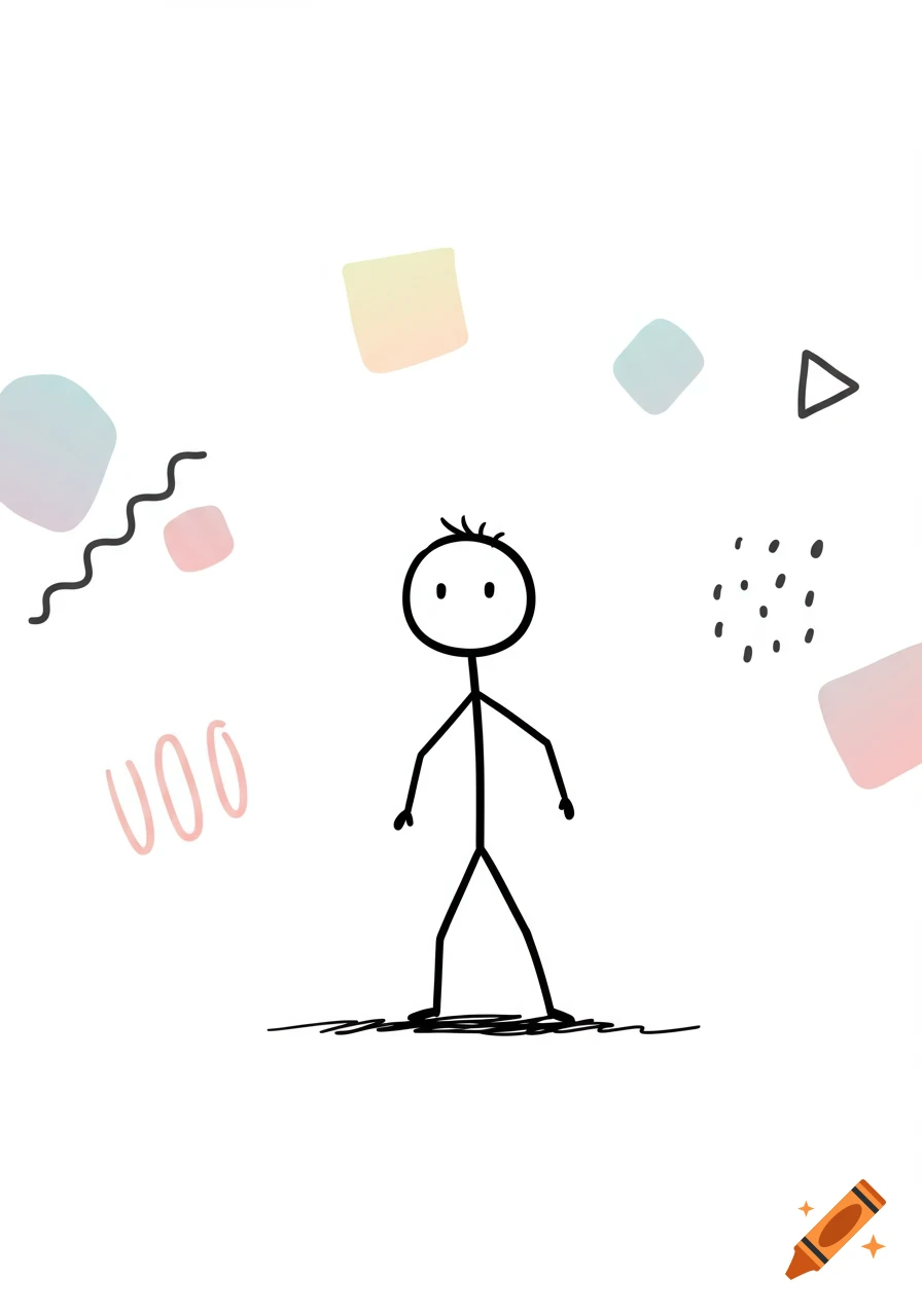 A black stick figure stands on a scribble shadow surrounded by colorful abstract shapes and lines on a white background.