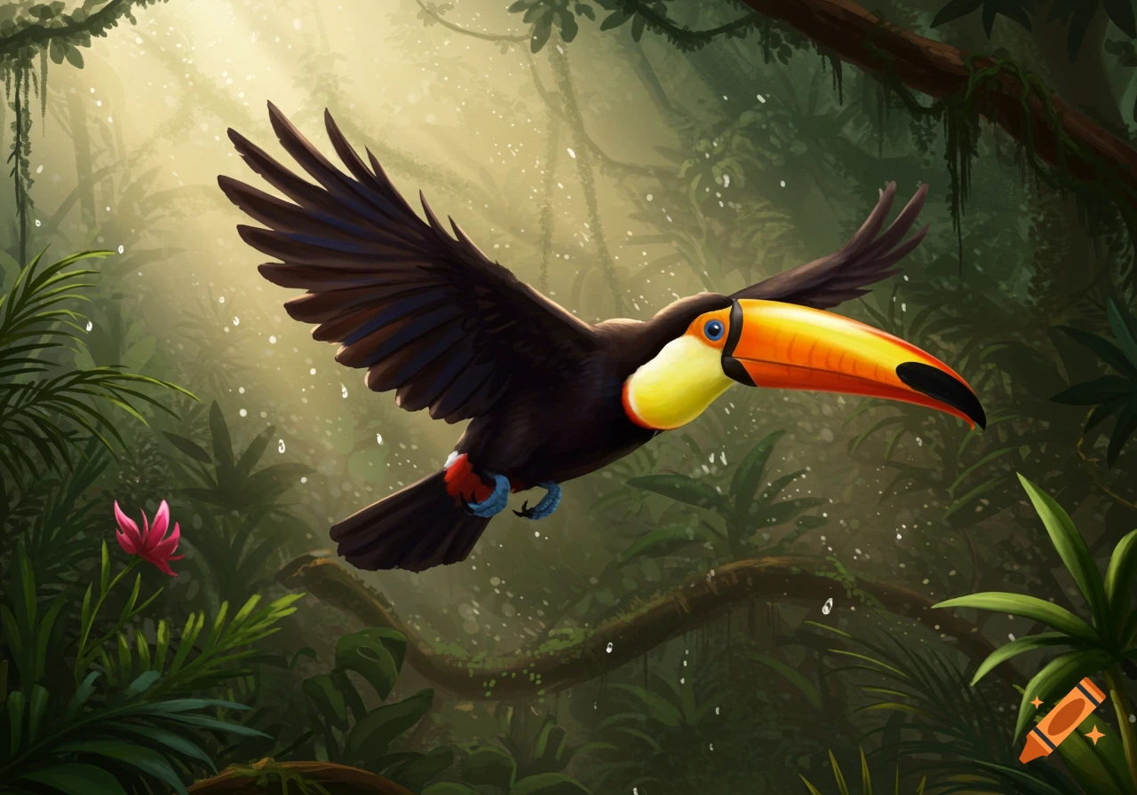 A vibrant toucan with a large orange and yellow beak flies through a lush, sunlit jungle with green foliage and misty light.