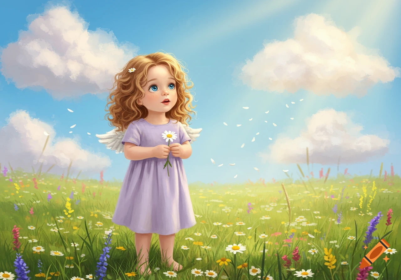 Whimsical illustration of a small angelic girl with curly hair holding a daisy in a sunny wildflower field.