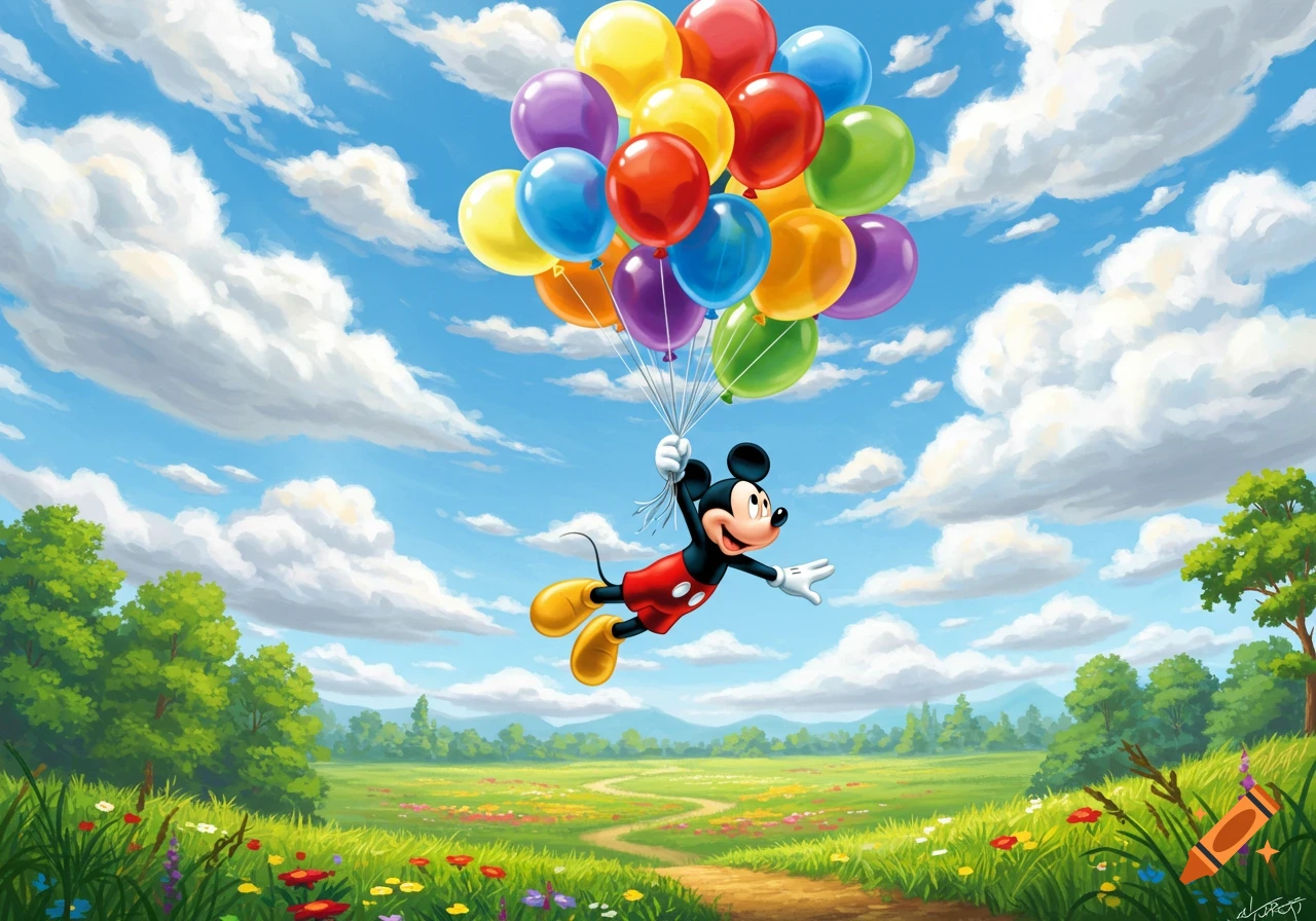Mickey Mouse flies high holding rainbow balloons over a green field with flowers, trees, and a dirt path under a cloudy blue sky.
