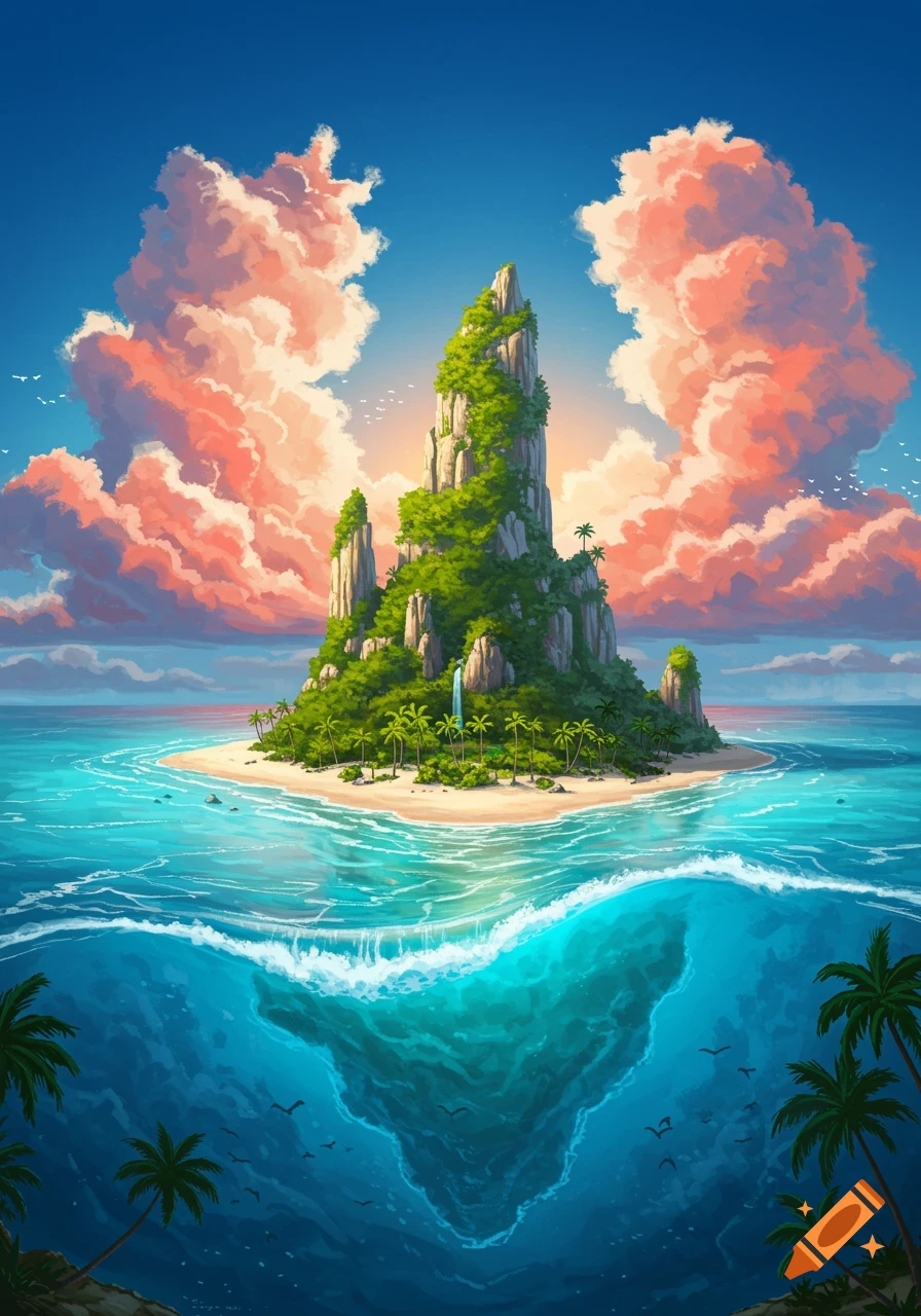 Vibrant illustration of a tropical island with a tall, rocky mountain covered in lush greenery, surrounded by clear blue ocean with waves and large pink clouds.