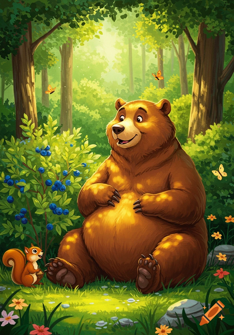 A happy cartoon bear sits next to a blueberry bush with a small squirrel in a sunny forest.